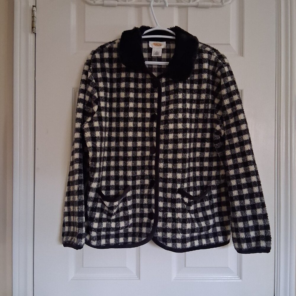 Talbots Vintage Women's Small Black & White Plaid Velvet Trim Fleece Jacket - Picture 3 of 14